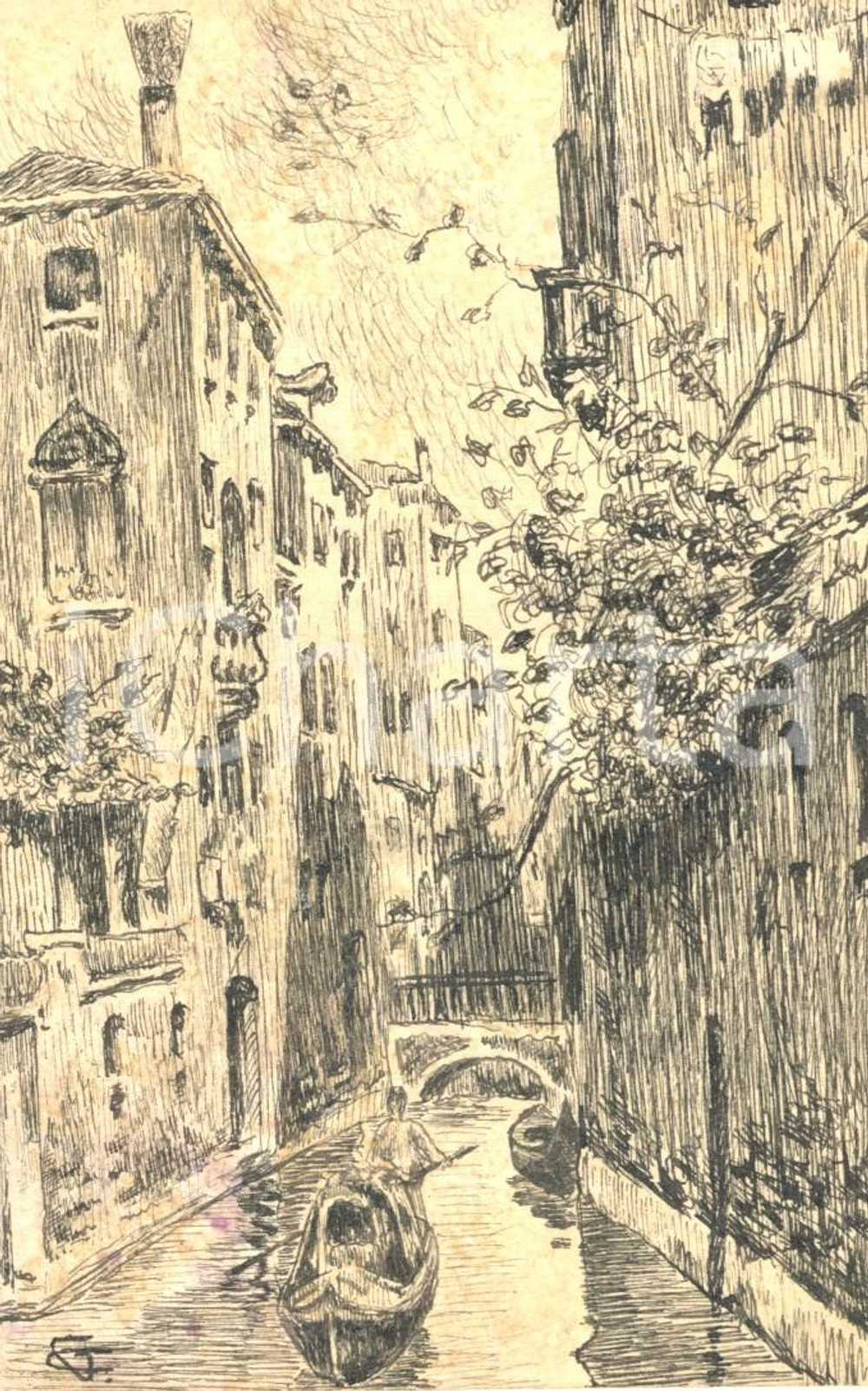 Cartolina originale da collezione 1909 VENEZIA Canale con gondola Cartolina DISEGNATA A MANO *FP VG 1