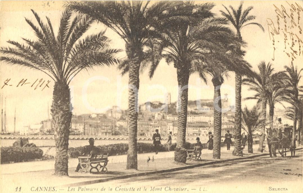 Autografo originale 1917 CANNES (F) Palmiers de la Croisette *Autographe Edith DEFAURE DE CITRES 1