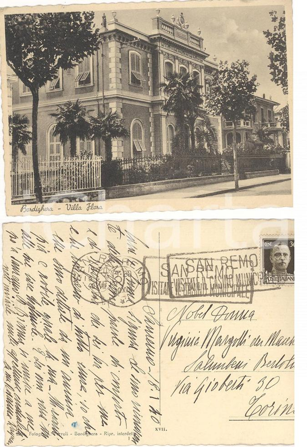 Autografo originale 1940 BORDIGHERA (IM) Villa Flora - Cartolina Rosanna RAYNERI *AUTOGRAFO FG VG 1