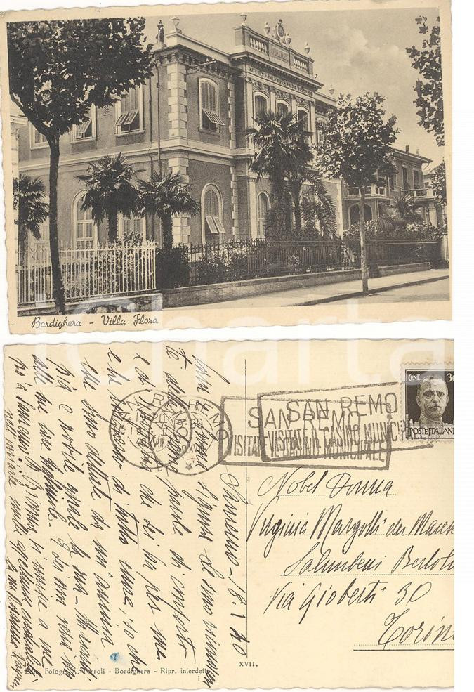 Autografo originale 1940 BORDIGHERA IM Villa Flora  Cartolina Rosanna RAYNERI AUTOGRAFO FG VG 1