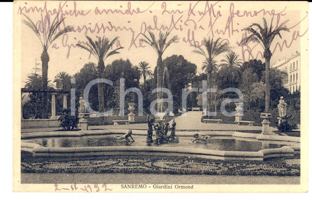 Cartolina originale da collezione 1932 SANREMO IM Giardini ORMOND Cartolina a donna Benedetta ANSELMI FP VG 1