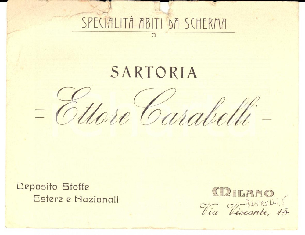 Cartolina originale da collezione 1920 MILANO Via Rastrelli 6  Sartoria Ettore CARABELLI Abiti da scherma 1