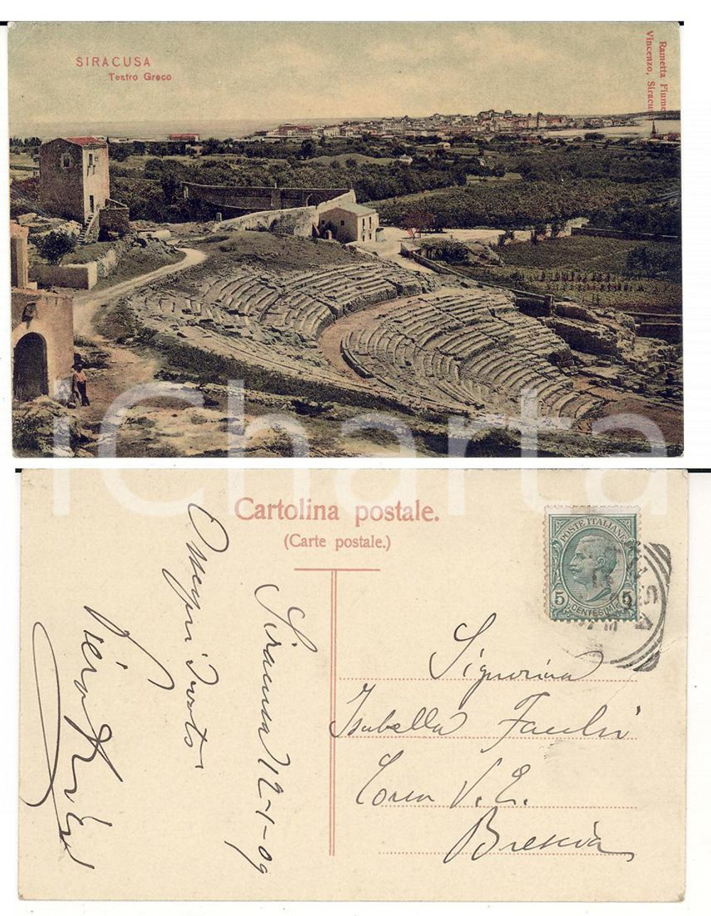 Autografo originale 1909 SIRACUSA Teatro greco *Autografo cap. ALPINI Piero ARICI Cartolina FP VG 1
