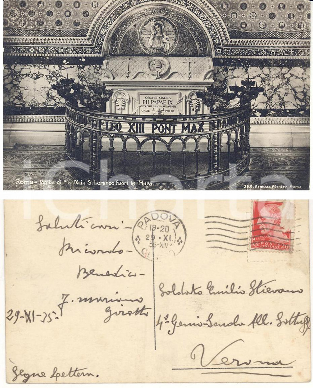 Autografo originale 1935 ROMA Tomba di Pio IX *Autografo padre Mariano GIROTTO Cartolina FP VG 1