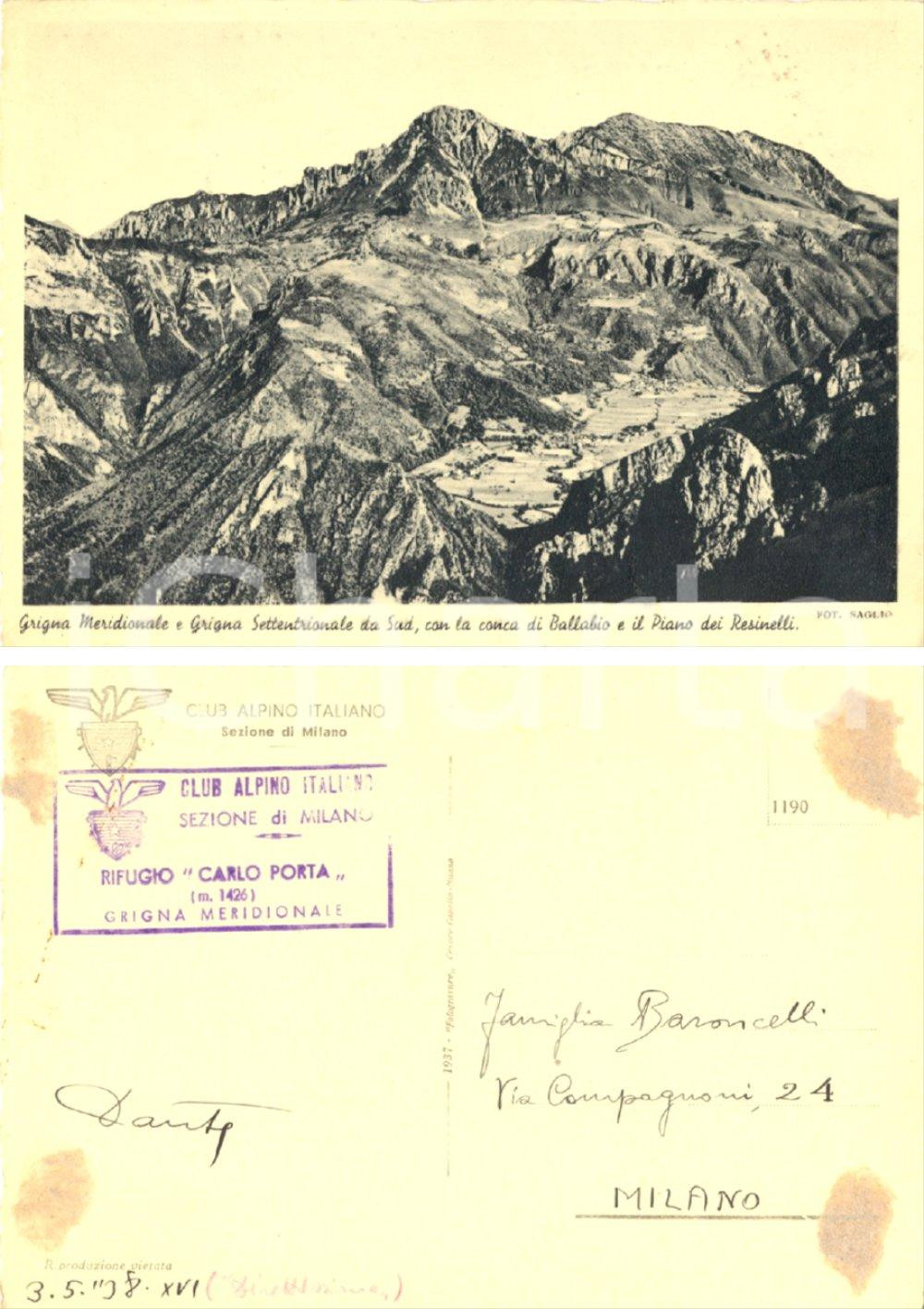 Autografo originale 1938 GRUPPO DELLE GRIGNE (LC) Veduta Piano RESINELLI *Autografo Dante BARONCELLI 1