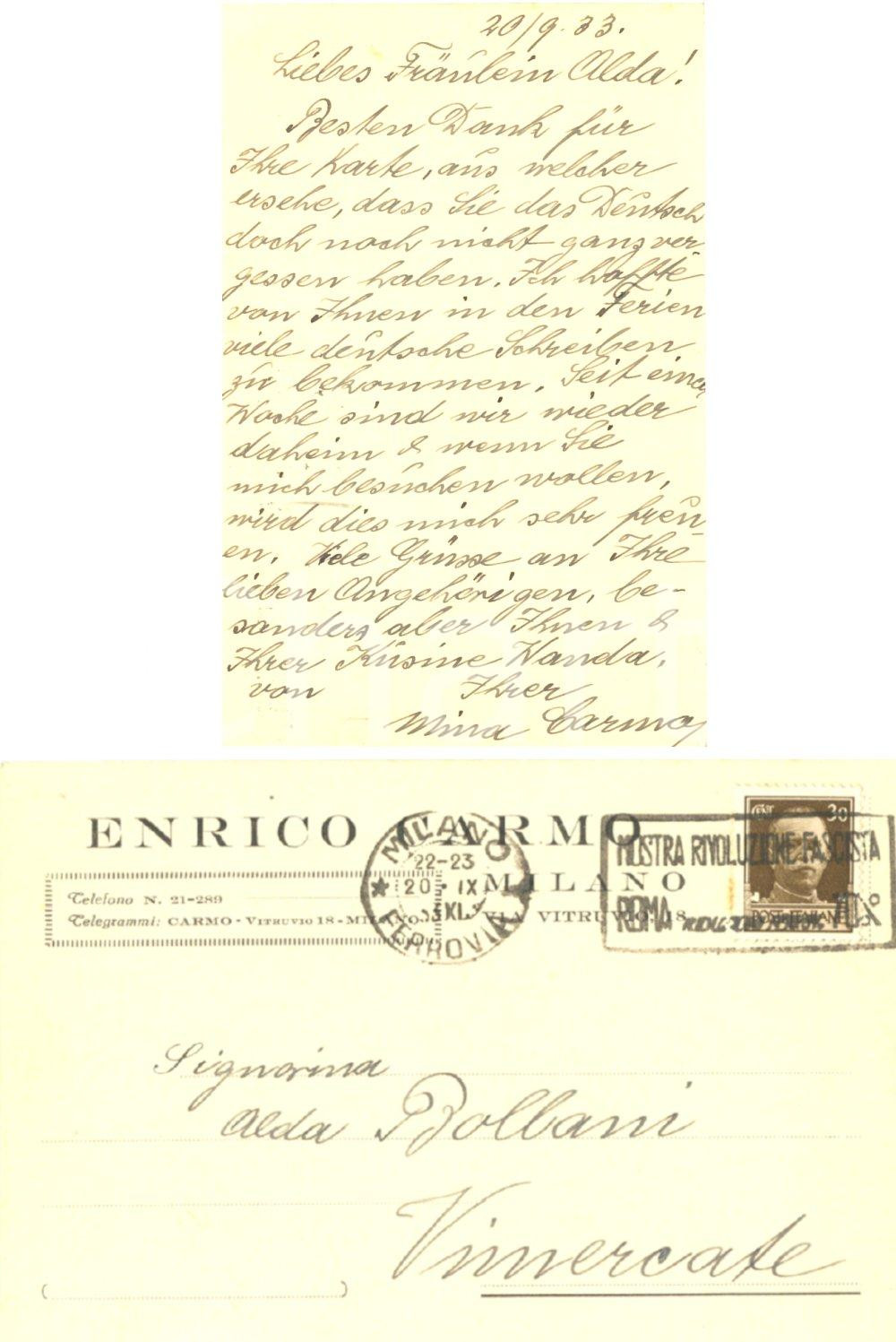 Cartolina originale da collezione 1933 MILANO Cartolina Mina CARMO ad Alda POLLANI *Enrico CARMO FP VG 1