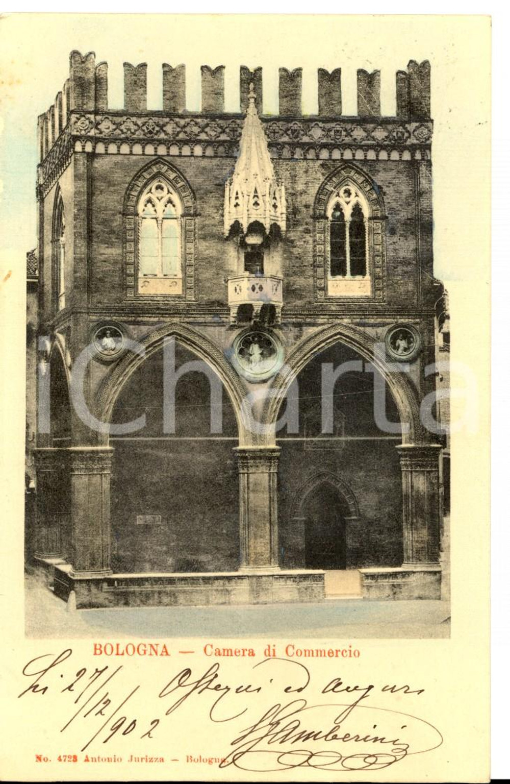 Cartolina originale da collezione 1902 BOLOGNA Camera di Commercio Cartolina GAMBERINI a Maria SCOLA CAMERINI 1