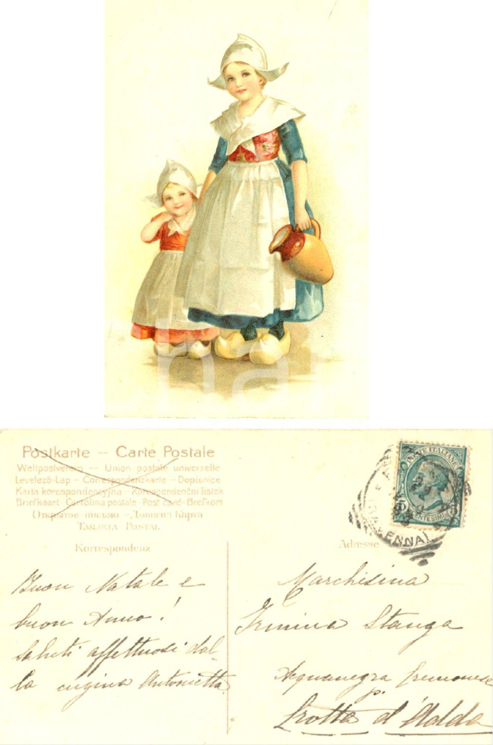 Cartolina originale da collezione 1908 COSTUMI OLANDA Bambine con vaso Cartolina Antonietta TURATI a Irmina STANGA 1