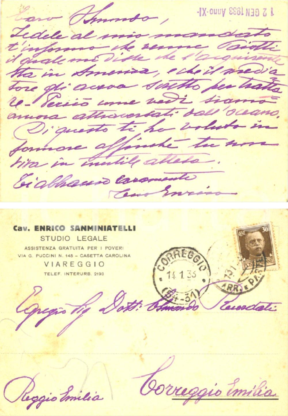 Autografo originale 1933 VIAREGGIO Siamo attraversati dall oceano Autografo Enrico SANMINIATELLI 1