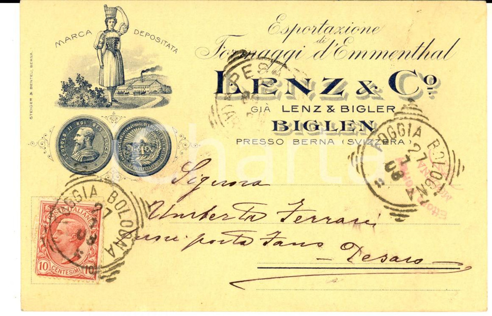 Cartolina originale da collezione 1908 LENZ & CO - Esportazione formaggi d'Emmenthal *Cartolina INTESTATA FP VG 1