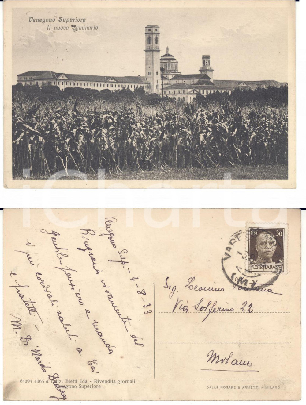 Autografo originale 1933 VENEGONO SUPERIORE VA Nuovo Seminario Cartolina Marie DUBRAY DI NARDO 1