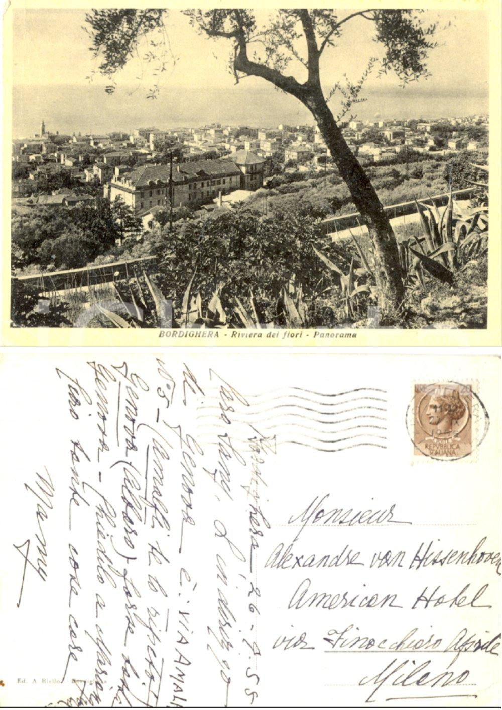 Autografo originale 1955 BORDIGHERA (IM) Panorama *Autografo marchesa Alessandra STAGLIENO FG VG 1