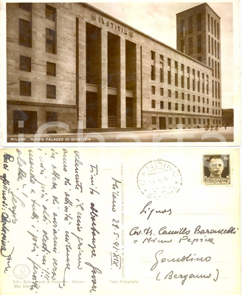 Autografo originale 1941 MILANO Palazzo di Giustizia Cartolina a Camillo BARONCELLI FG VG 1
