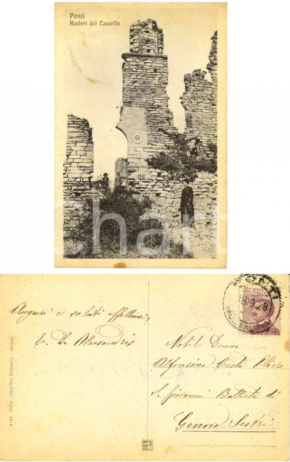 Autografo originale 1928 PONTI AL Ruderi del castello E. DE ALESSANDRIS ad Alfonsina COSTA OLIVA 1
