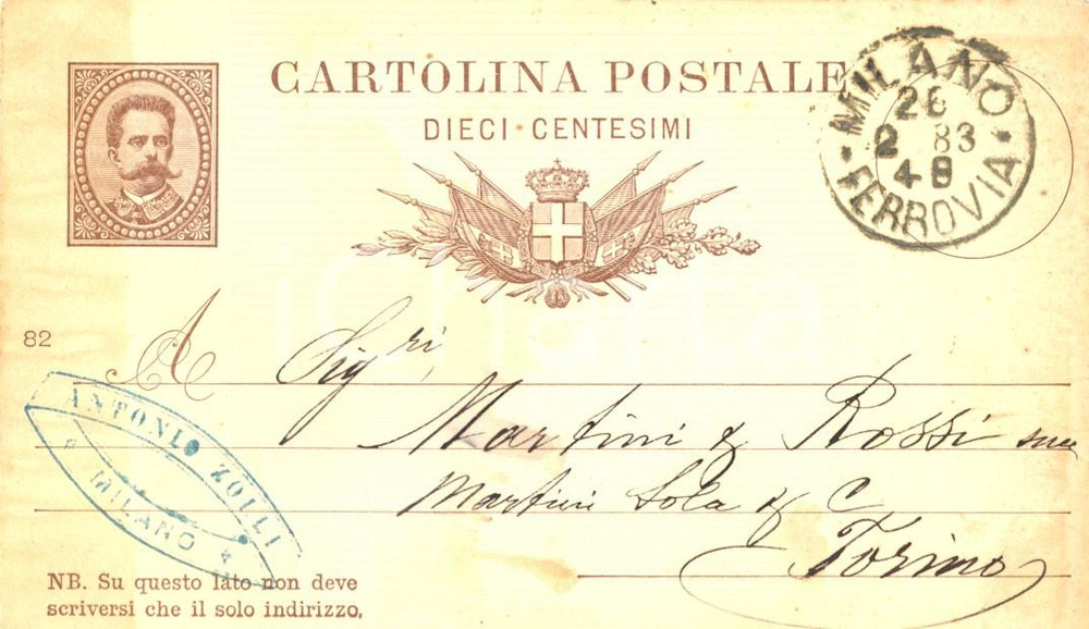 Cartolina originale da collezione 1883 MILANO Ditta ANTONIO ZOLLI acquista fusto dalla MARTINI & ROSSI *Cartolina 1