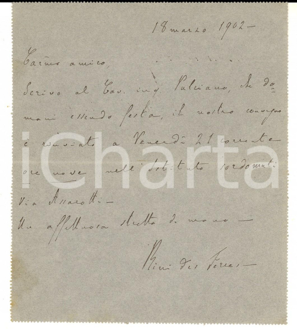 Cartolina originale da collezione 1902 TORINO Barone Carlo RICCI DES FERRES all ing. Stefano MOLLI AUTOGRAFO 1