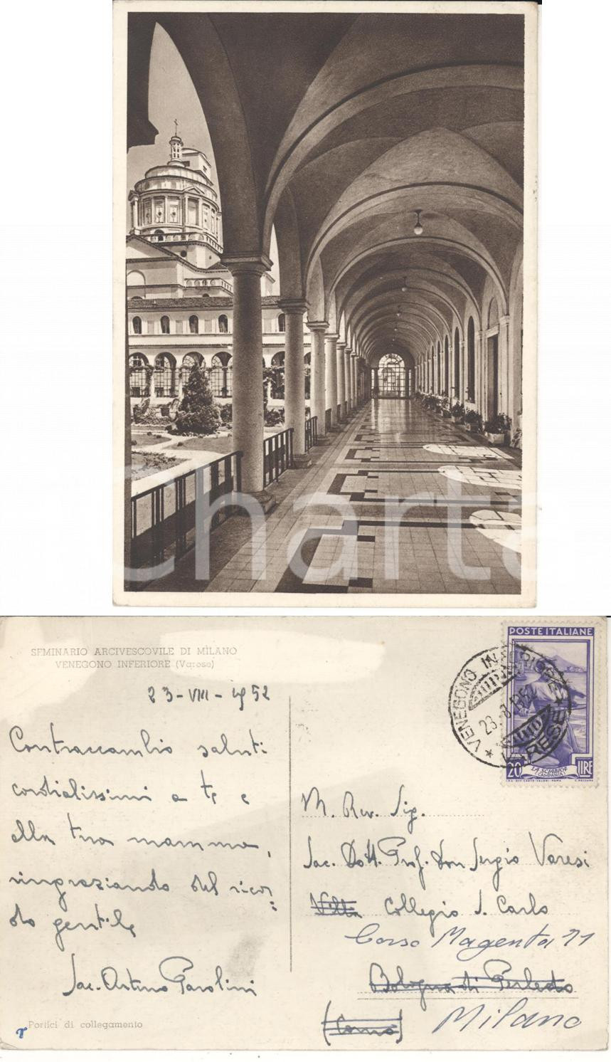Autografo originale 1952 VENEGONO INFERIORE Seminario arcivescovile Autografo don Arturo PAROLINI 1