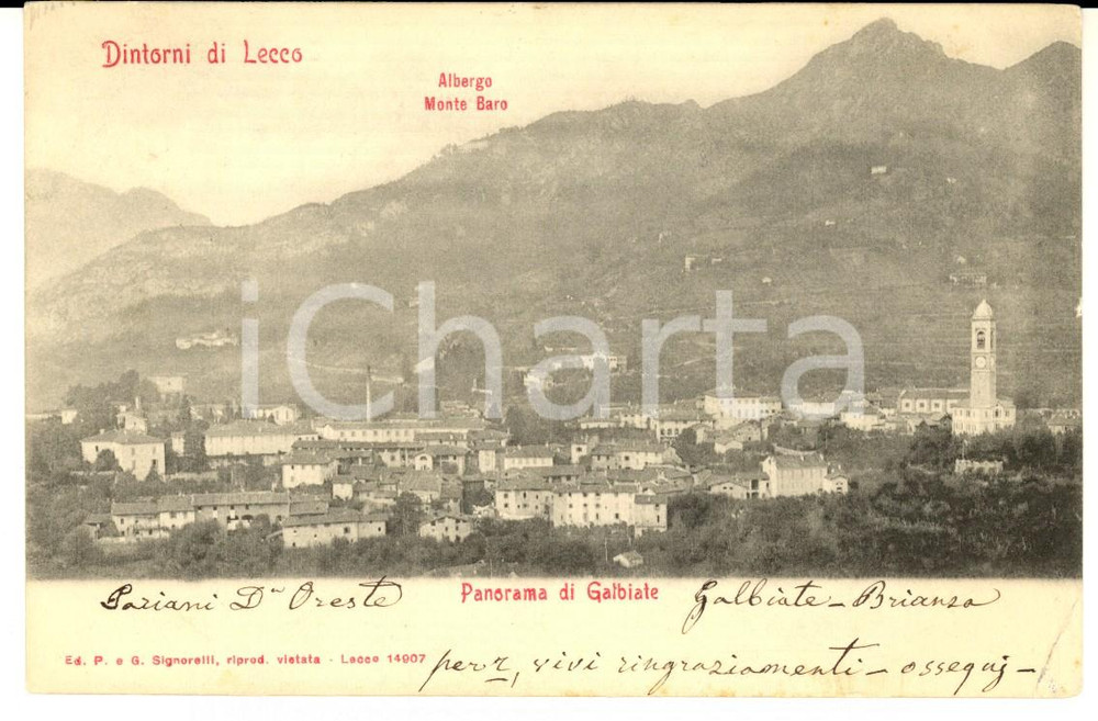 Autografo originale 1904 GALBIATE (LC) Panorama MONTE BARO *Cartolina don Oreste PARIANI FP VG 1
