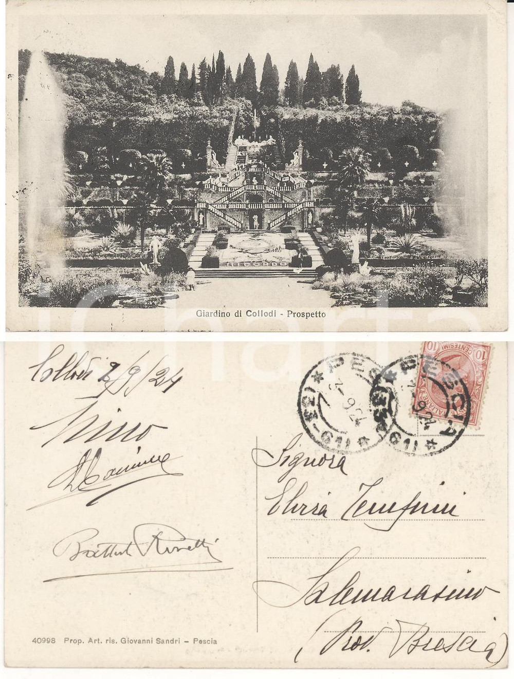 Autografo originale 1924 COLLODI (PT) Giardino *Cartolina Giovanni Battista RIVETTI a Elvira TEMPINI 1