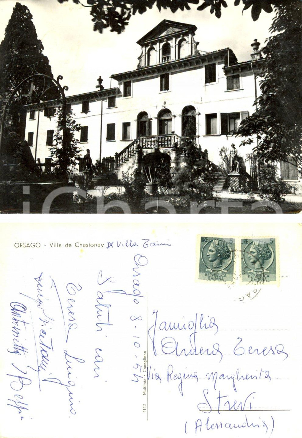 Autografo originale 1954 ORSAGO (TV) Villa de CHASTONAY *Autografi famiglia TAMI Cartolina FG VG 1