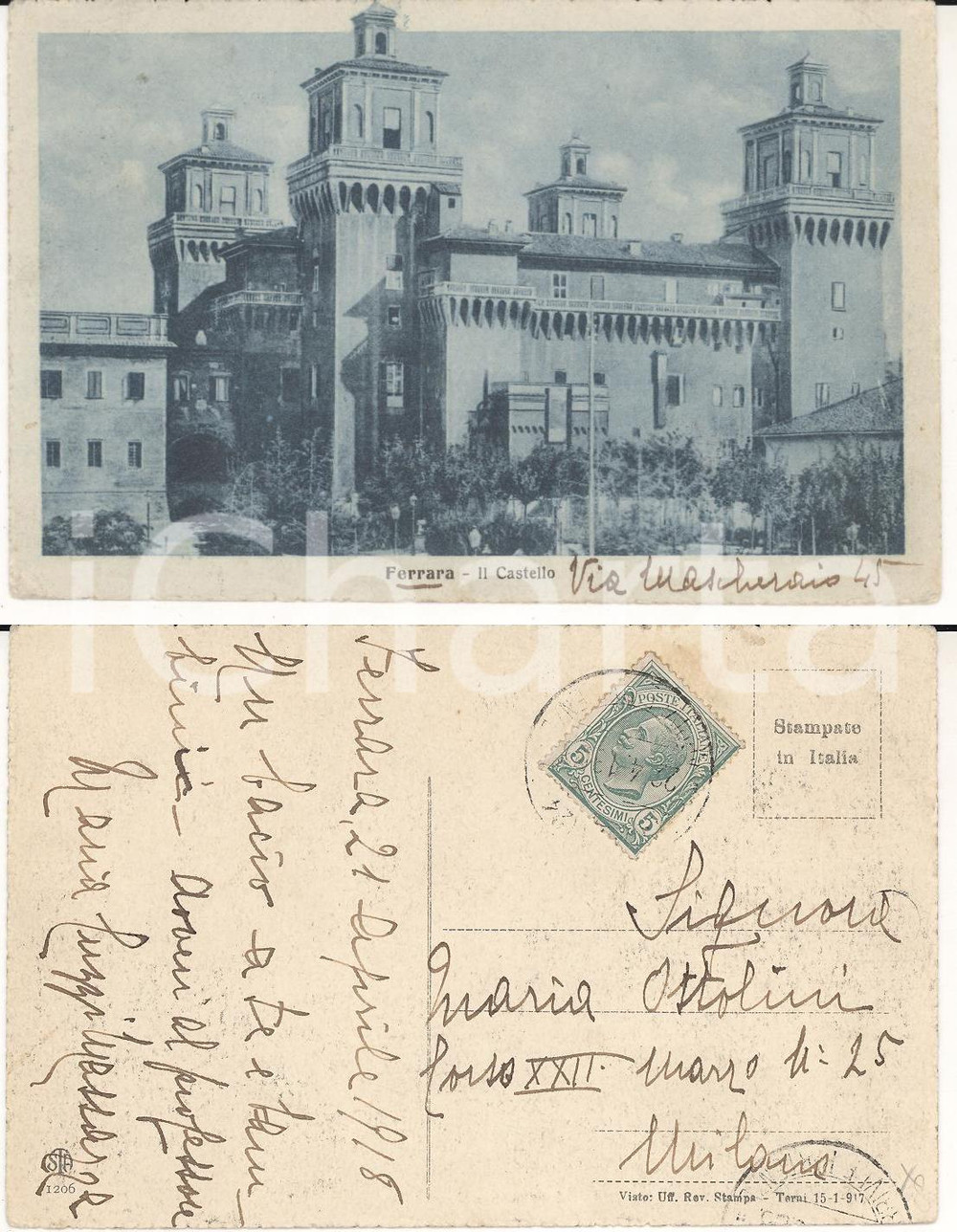 Autografo originale 1918  FERRARA Il Castello Cartolina Maria MASSAZZA CUZZI FP VG 1