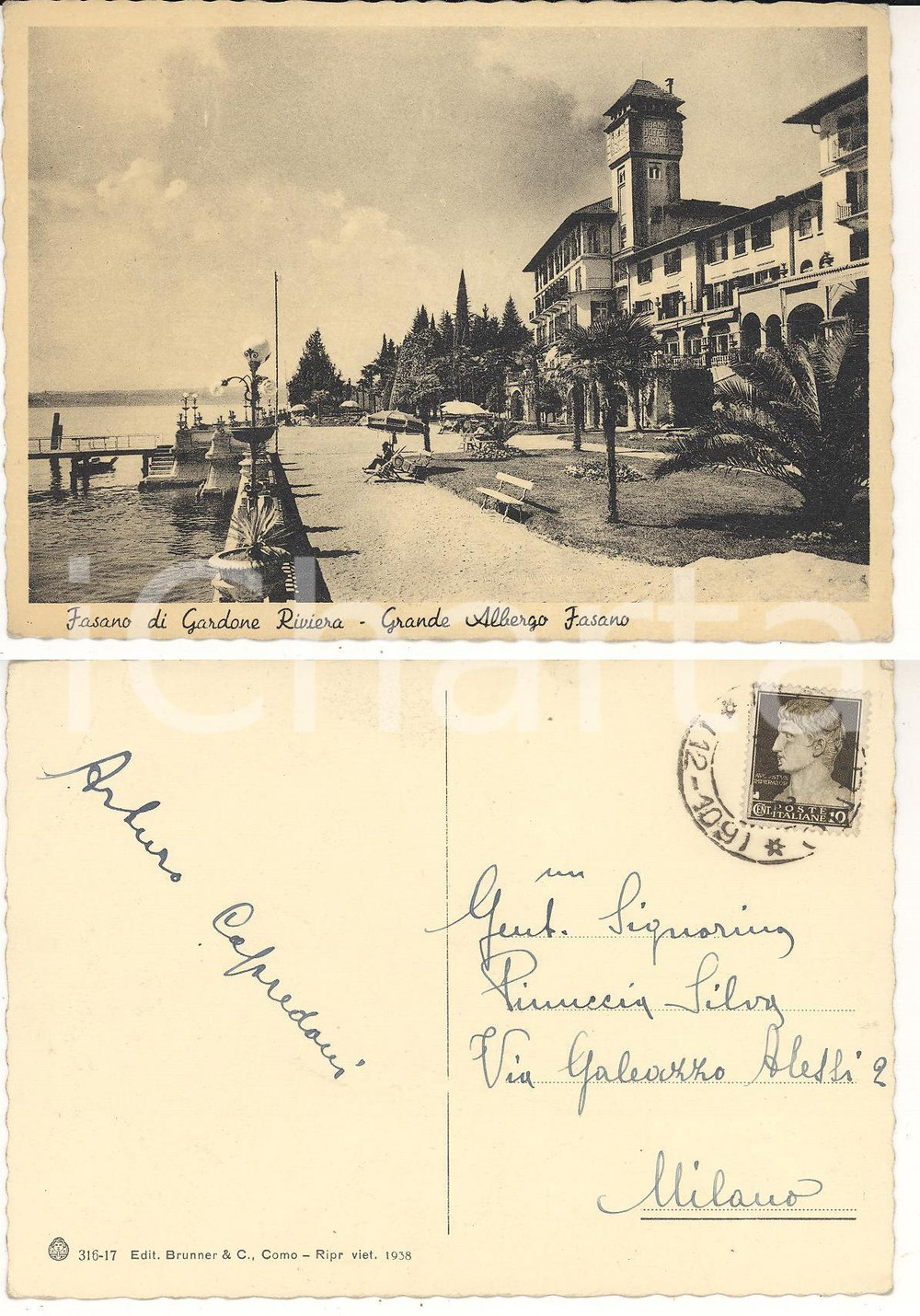 Autografo originale 1940 ca FASANO / GARDONE RIVIERA Grand Hotel Fasano *Autografo Arturo CAPREDANI 1