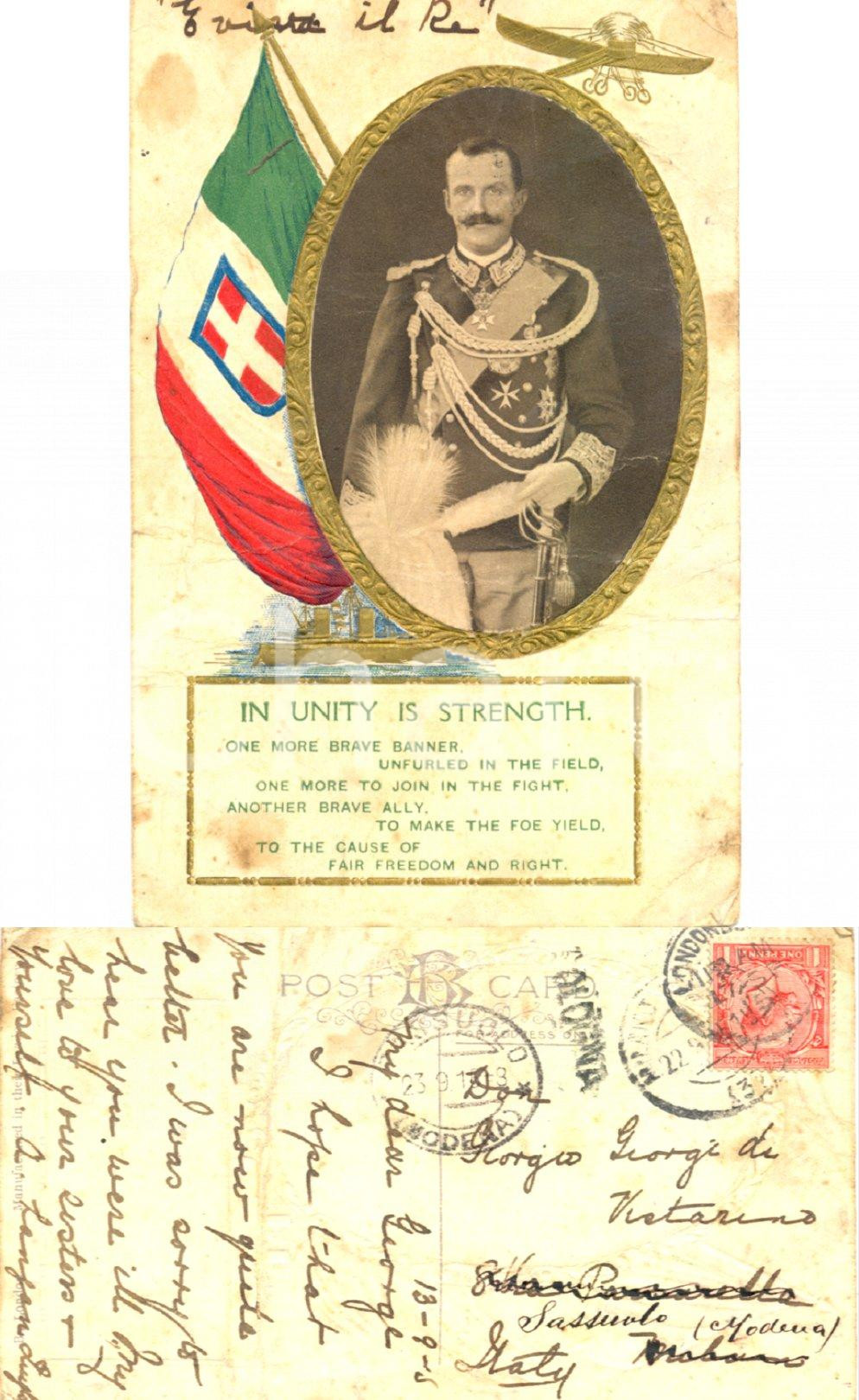Autografo originale 1915 LONDONDERRY Vittorio Emanuele III In unity is strength *A. LANGAN DOUGLAS 1