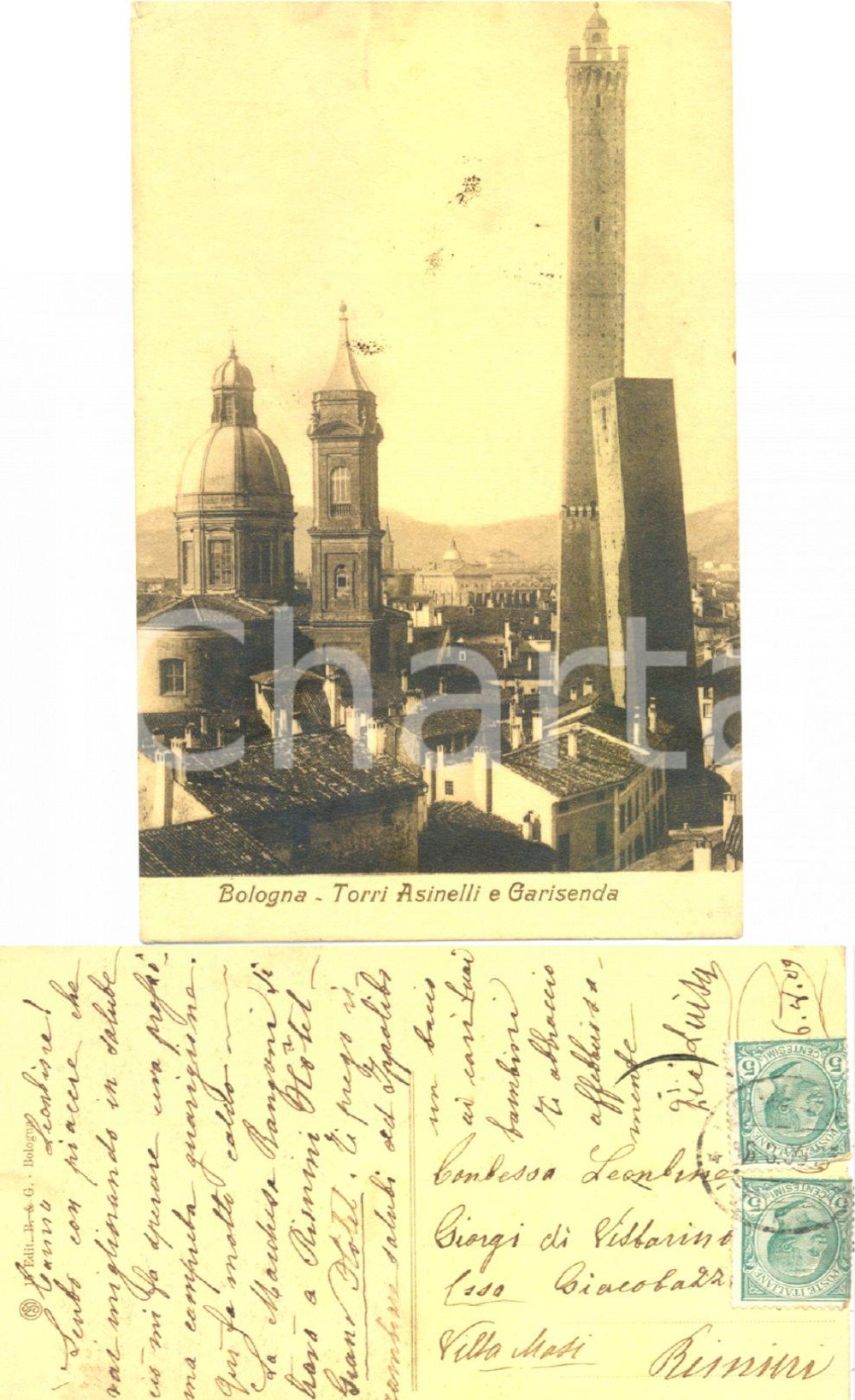 Autografo originale 1923 BOLOGNA Torri *Cartolina Luisa MAZZARI FULCINI a Leontina GIACOBAZZI FP VG 1