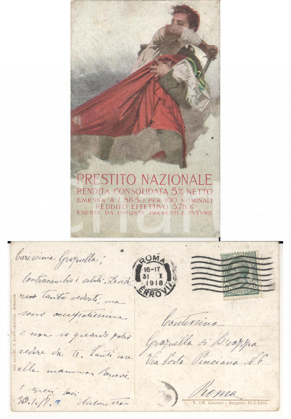 Autografo originale 1918 Prestito Nazionale al 5% Cartolina a Graziella SAVORGNAN DI BRAZZA 1