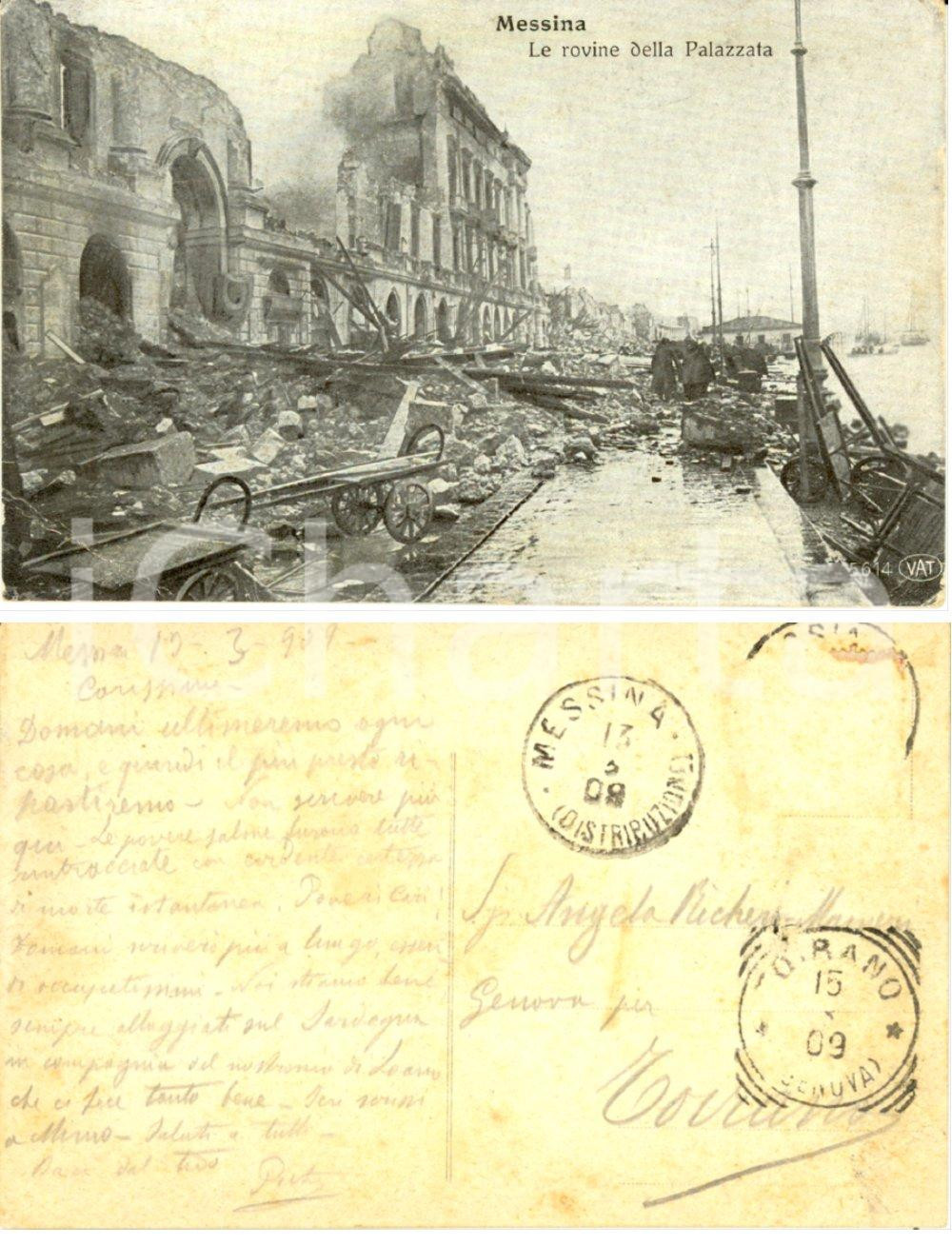 Autografo originale 1909 Terremoto di MESSINA Palazzata  Cartolina del soccorritore Pietro RICHERI 1