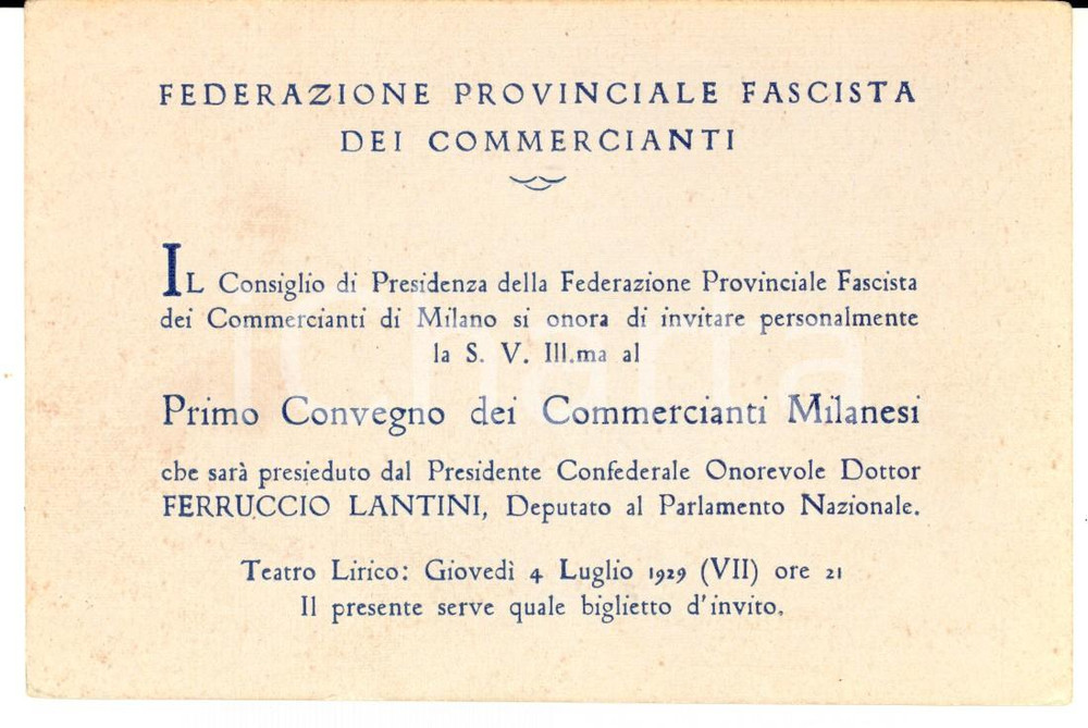 Oggetto da collezione cartaceo 1929 MILANO Teatro Lirico  Primo Convegno dei Commercianti milanesi Invito 1