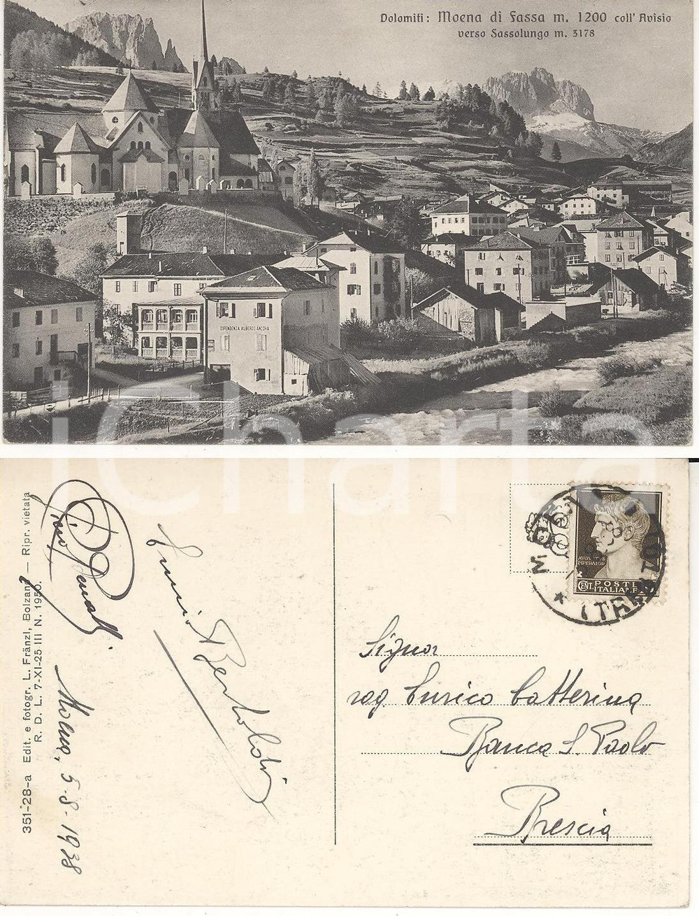 Autografo originale 1938 MOENA TN Dolomiti verso il Sassolungo Cartolina Ennio BERTOLDI FP VG 1