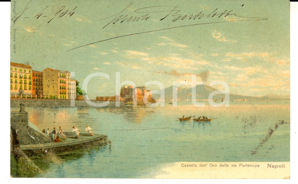 Autografo originale 1904 NAPOLI Castello dell'Ovo dalla via Partenope *Autografo Lorenzo BORTOLOTTI 1