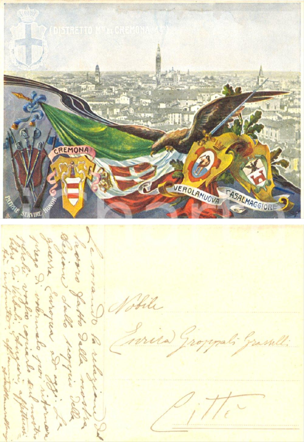 Autografo originale 1920 ca Distretto militare CREMONA 44Â° Cartolina a Enrica GROPPALI GRASSELLI 1