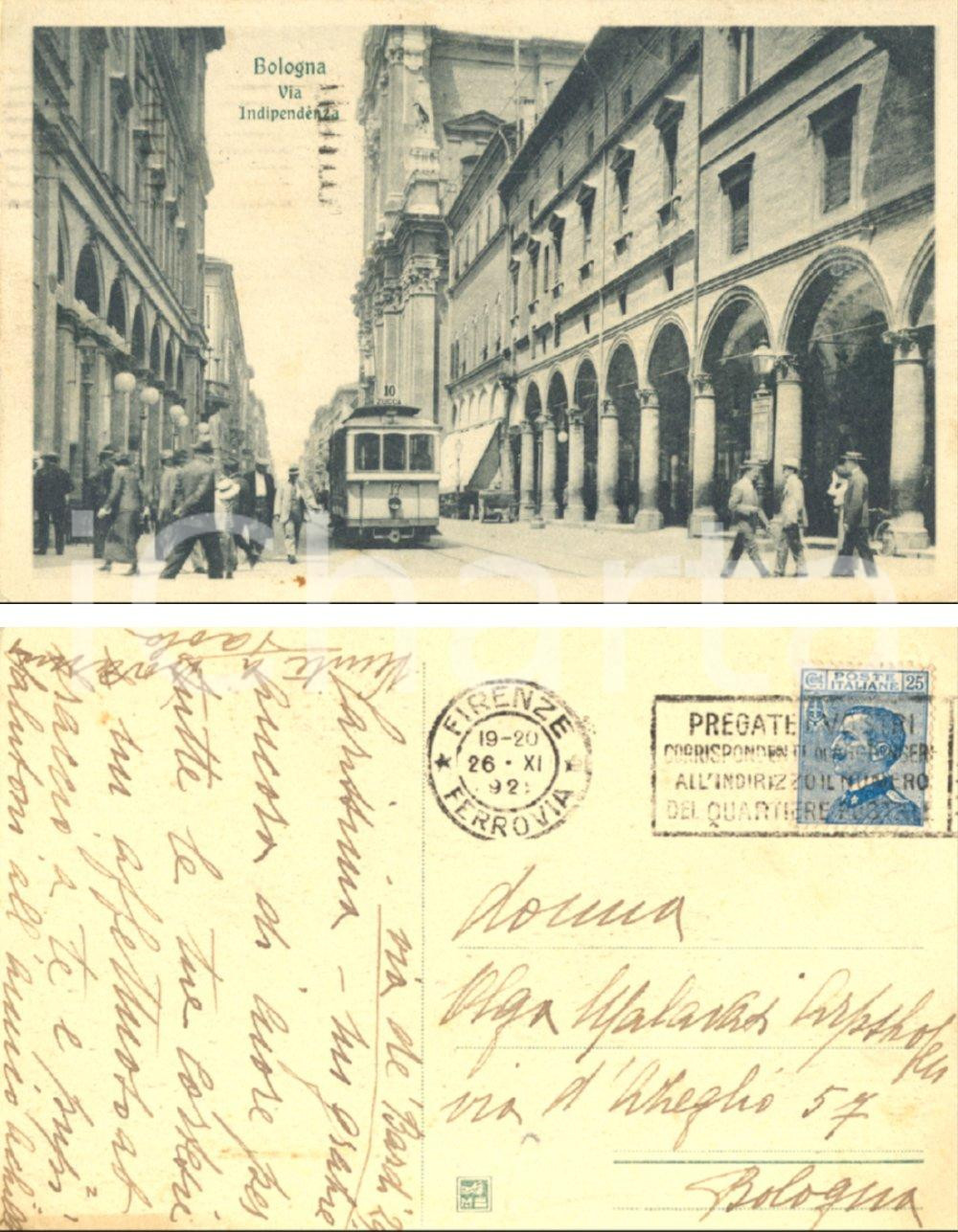 Autografo originale 1926 BOLOGNA Via Indipendenza *Cartolina a Olga MALAVASI ARPSHOFEN FP VG 1