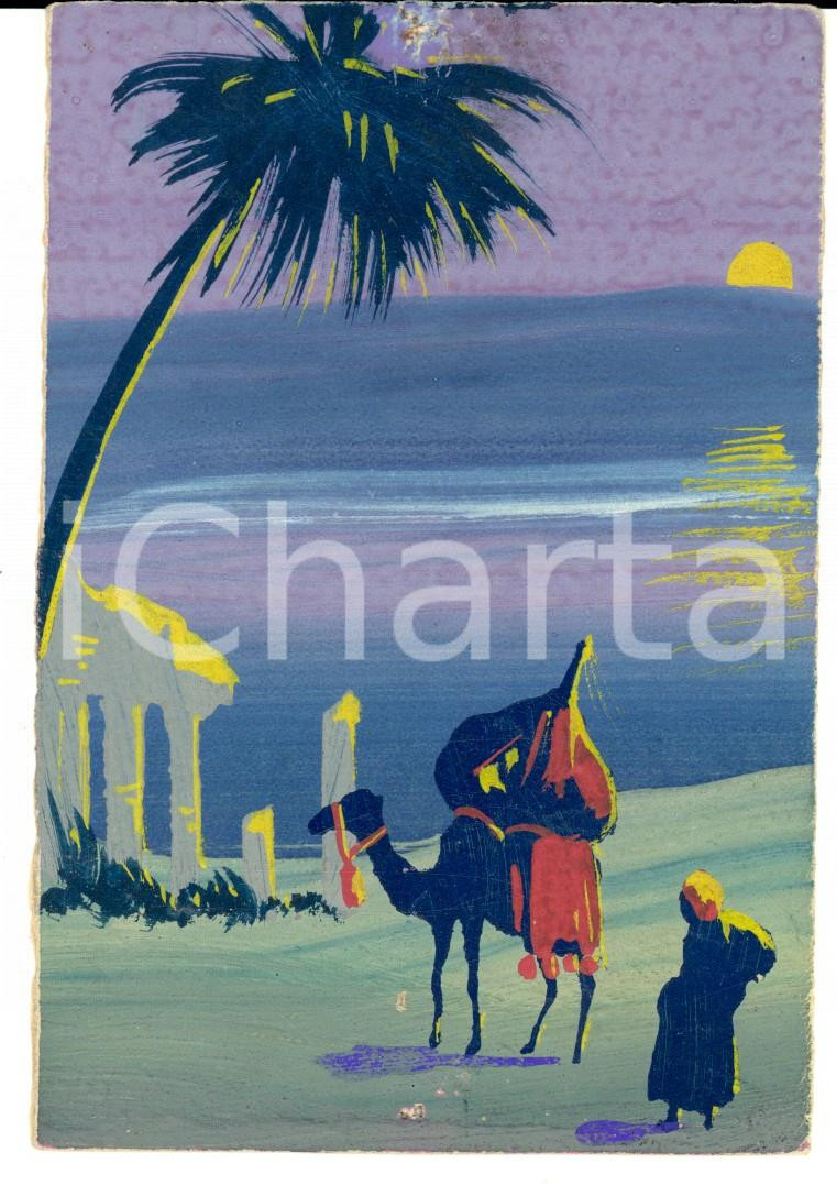 Opera d’arte autentica 1920 ca  LE MILLE E UNA NOTTE  Beduino e cammello sotto la luna *DIPINTO A MANO 1