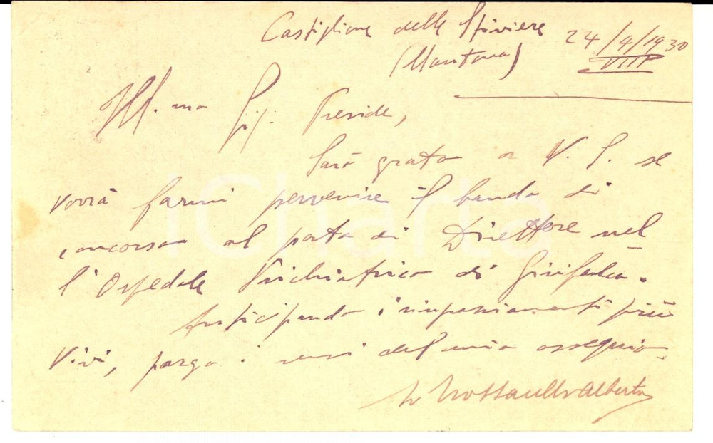 Autografo originale 1930 CASTIGLIONE DELLE STIVIERE Psichiatra Alberto TROSSARELLI chiede bando 1