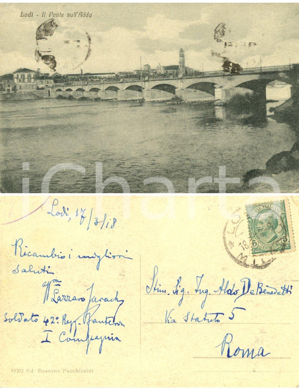 Autografo originale 1918 LODI Ponte sull Adda Cartolina da Lazzaro JARACH ad Aldo DE BENEDETTI FP 1