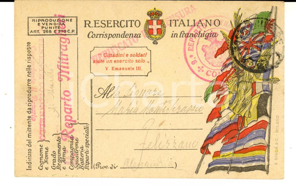 Cartolina originale da collezione 1918 WW1 9Â° Reparto MITRAGLIERI Amedeo MONTI Sono stanco della vita zingaresca 1