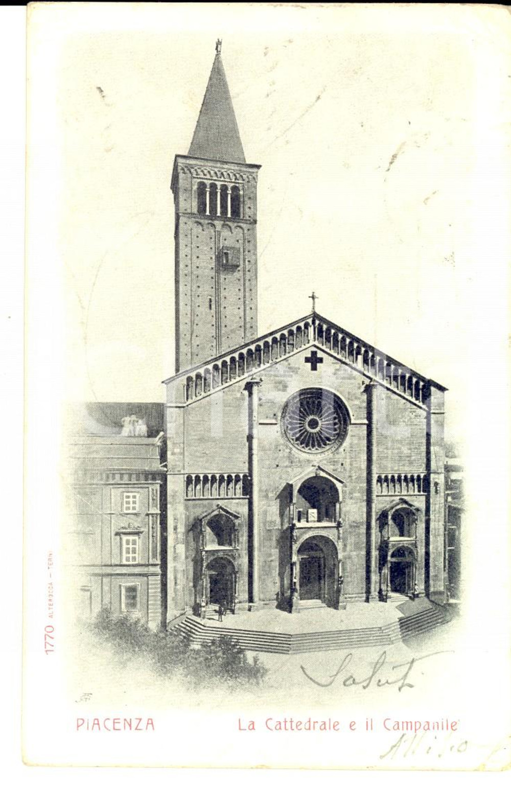 Cartolina originale da collezione 1903 PIACENZA Cattedrale e campanile *Cartolina ad Aristide BIGLIONE DI VIARIGI 1