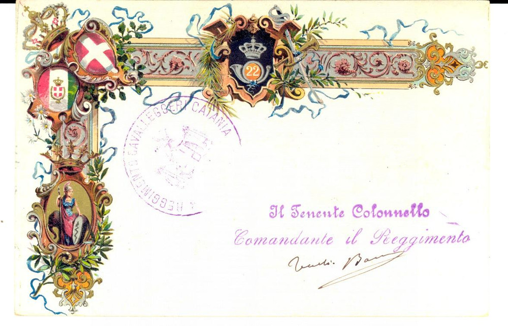 Autografo originale 1905 ca 22Â° Reggimento Cavalleggeri CATANIA Autografo comandante Tullio BORON 1