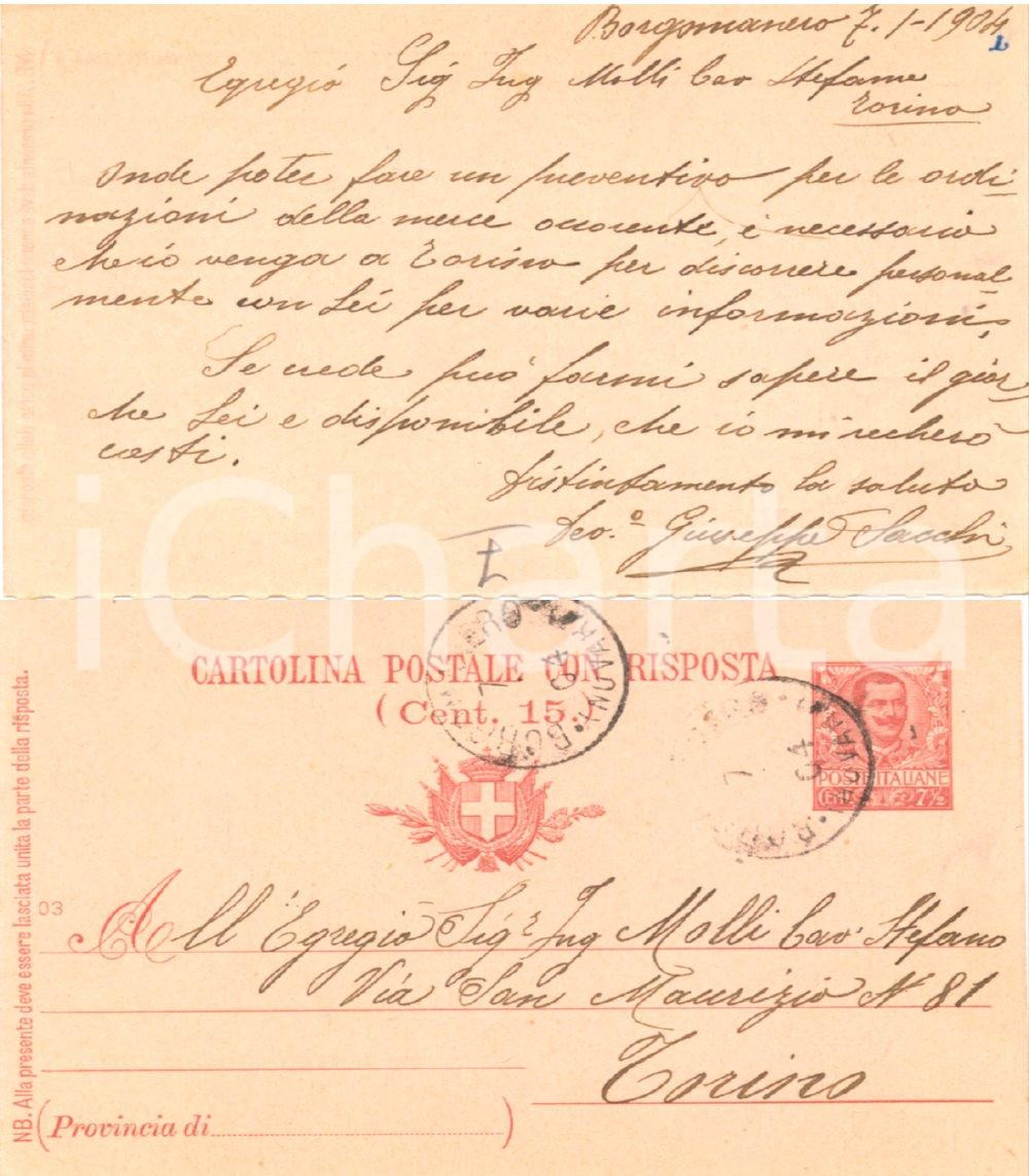 Documento originale, autentico 1904 BORGOMANERO Impresario Giuseppe SACCHI all ing. Stefano MOLLI Cartolina 1