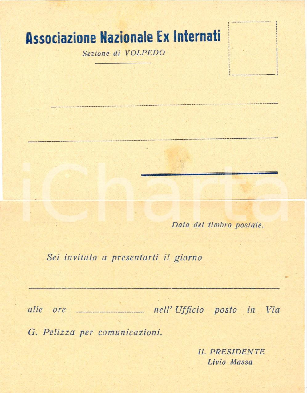 Oggetto da collezione cartaceo 1950 ca VOLPEDO AL Biglietto convocazione ASSOCIAZIONE NAZIONALE EX INTERNATI 1
