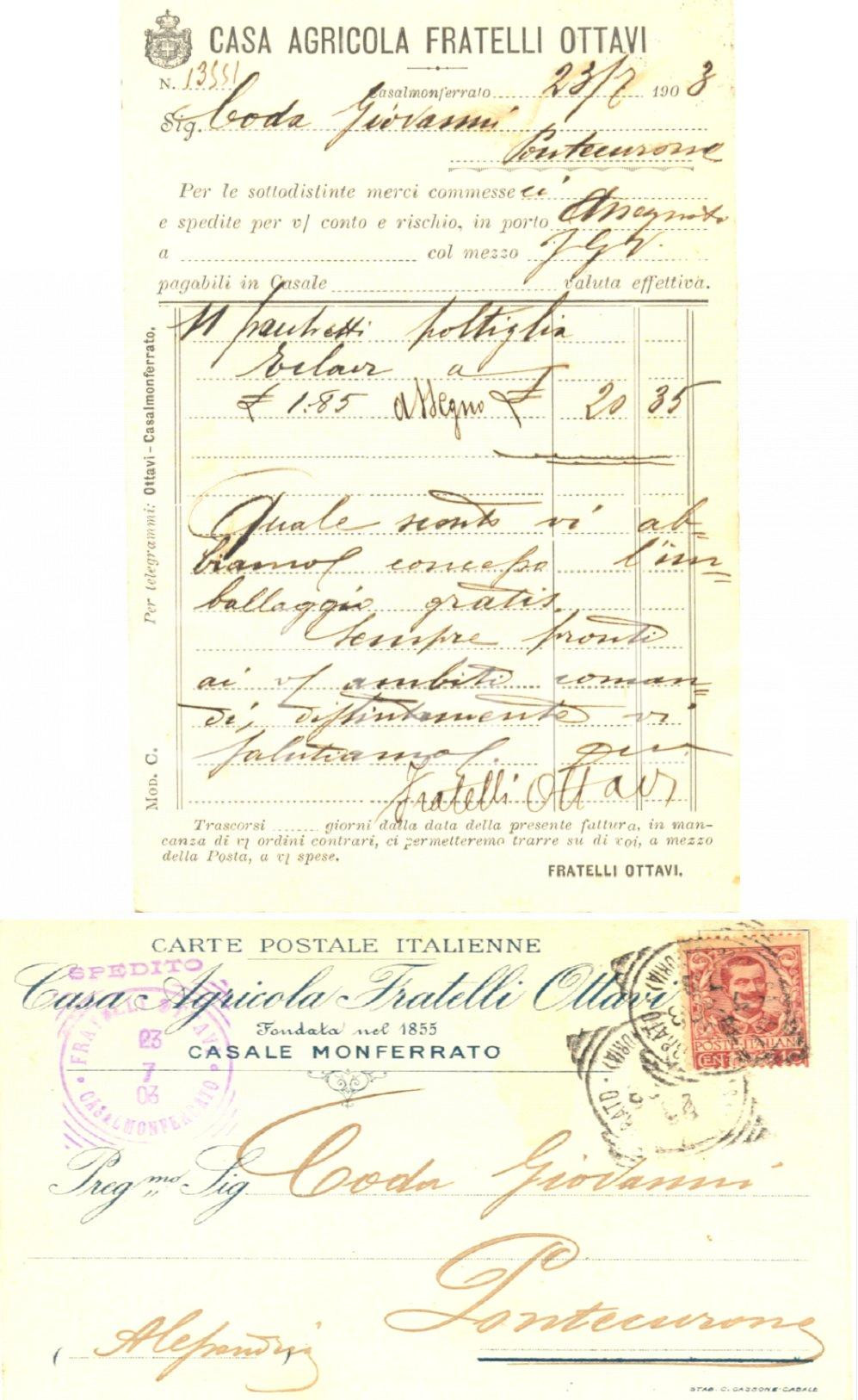 Cartolina originale da collezione 1908 CASALE MONFERRATO AL Casa Agricola FRATELLI OTTAVI Cartolina FP VG 1