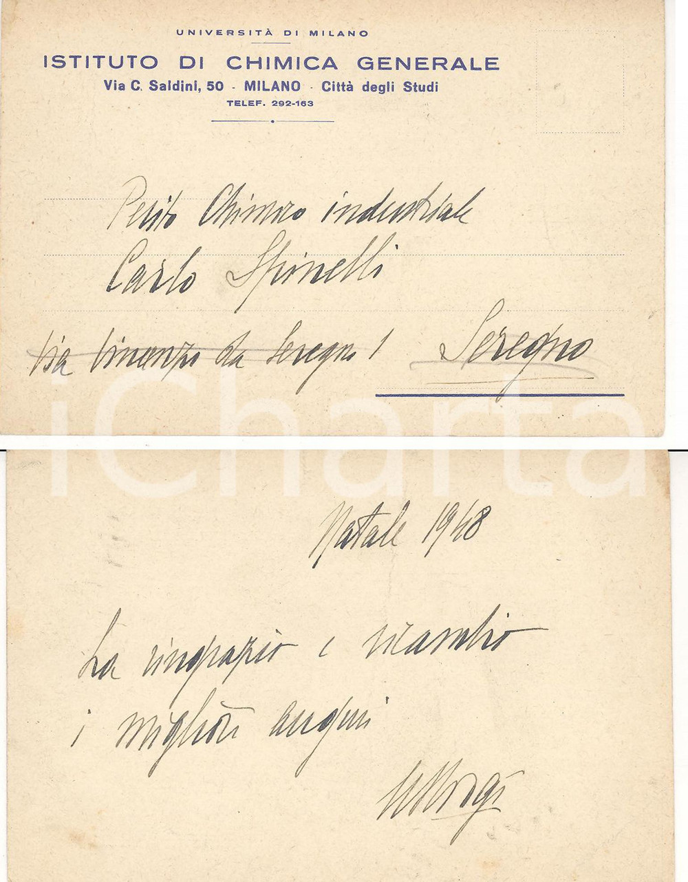 Autografo originale 1948 MILANO Istituto di Chimica *Cartolina auguri Umberto SBORGI AUTOGRAFO 1