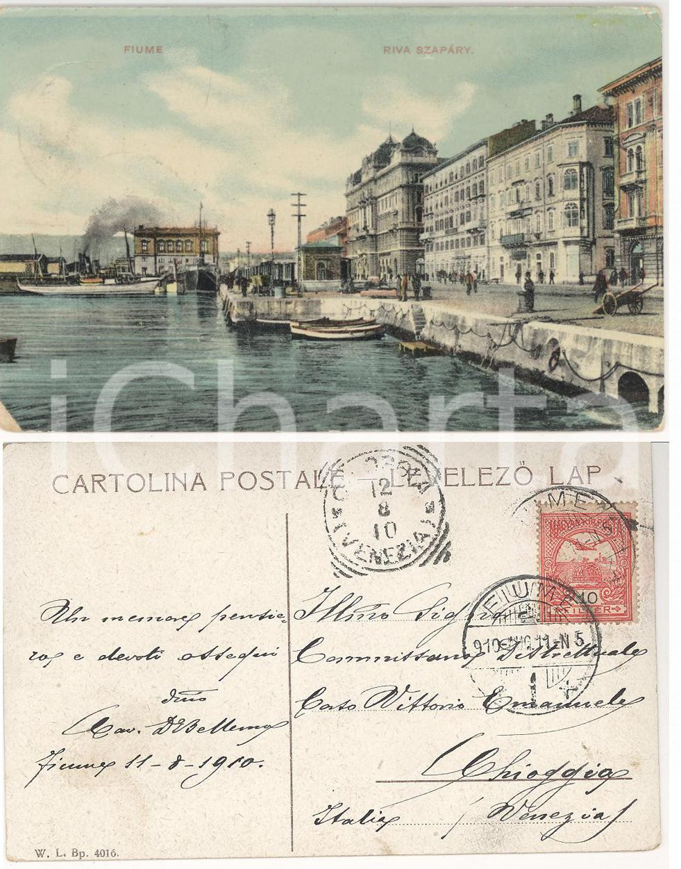 Autografo originale 1910 FIUME ISTRIA Riva SZAPARY Cartolina don Eugenio BELLEMO Autografo 1
