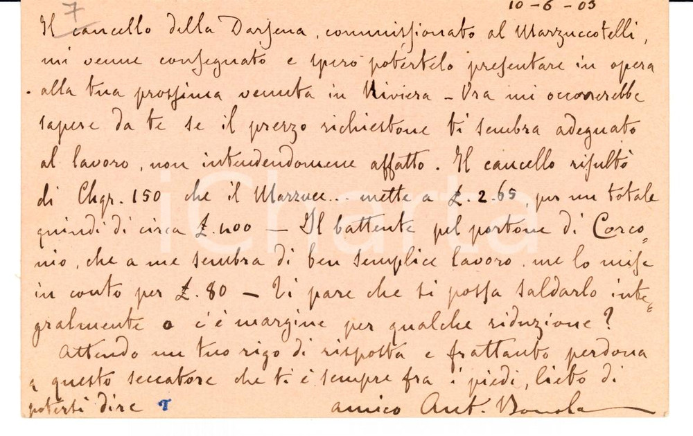 Autografo originale 1903 CORCONIO (NO) Antonio BONOLA su opere di Alessandro MAZZUCOTELLI 1