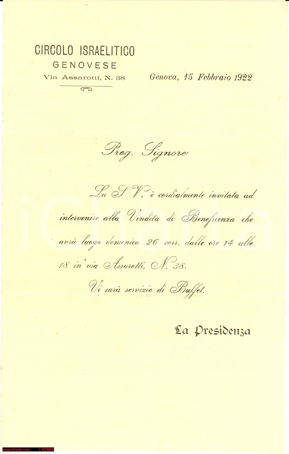 Manoscritto, lettera originale 1922 GENOVA Centro Israelitico Genovese  Invito ad Adolfo CABIB 1