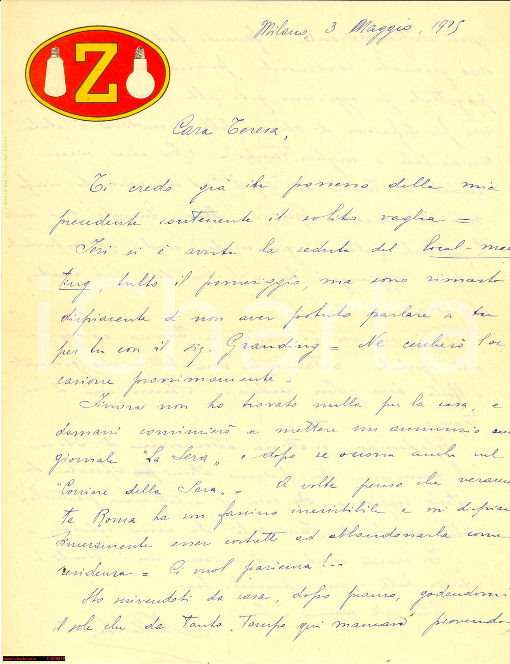 Manoscritto, lettera originale 1925 Passatempi a MILANO SAN SIRO  Lampadine Z  Lettera 1