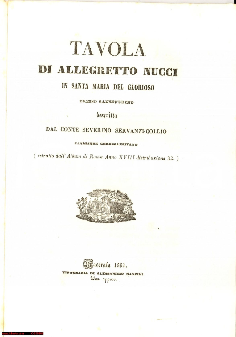 Libro, pubblicazione d epoca 1851 SAN SEVERINO MARCHE Tavola di ALLEGRETTO NUCCI in S. Maria del Glorioso 1